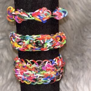 Set Of 3 Rainbow Loom Rubber Band Bracelets Handmade Multicolor Jewelry Fun